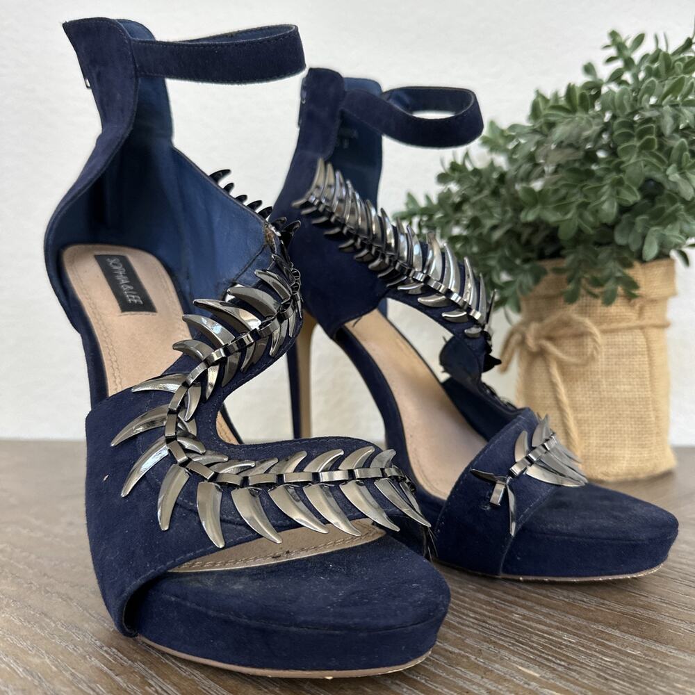 Sophia & Lee Navy Blue Suede Spike Stud Ankle Strap Stileetto Heels Size 9 Shoes